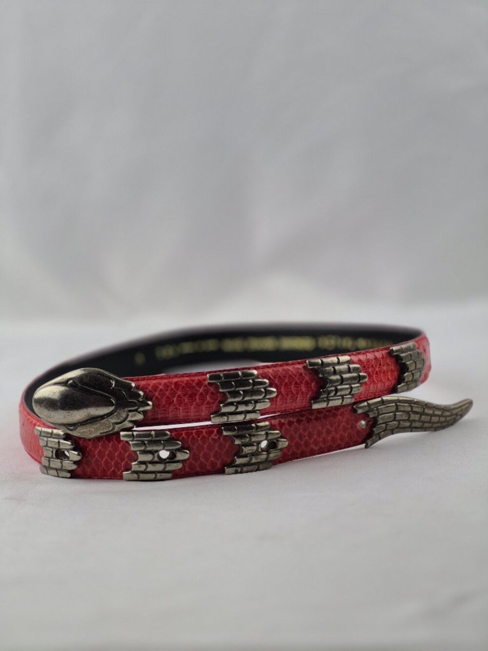 Vintage Morgan Taylor Red Snakeskin Belt Silver-Tone Metal Snake Head & Tail Med
